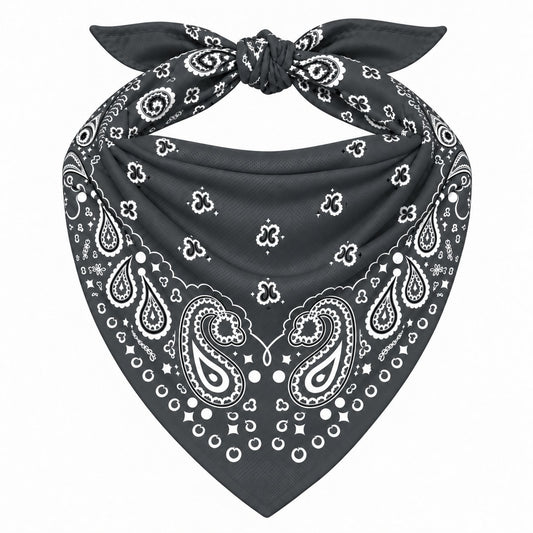 Charcoal Stash Bandana pocket zipped closed, seam blending into the paisley print