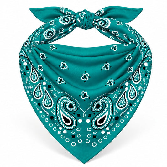 Teal Stash Bandana pocket zipped closed, seam blending into the paisley print