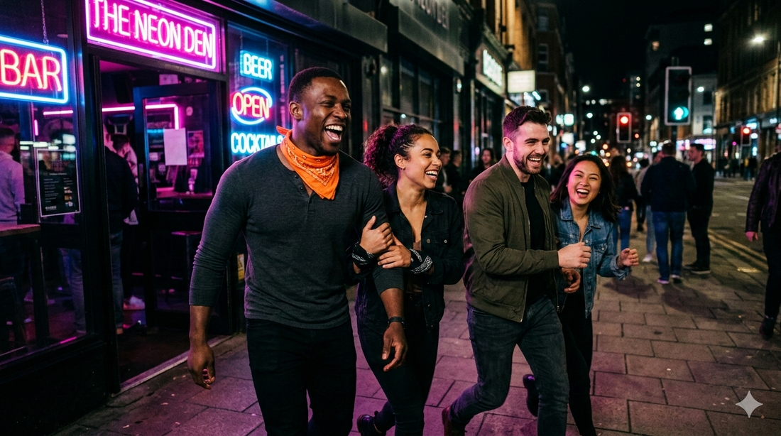 Friends bar hopping at night carrying only Stuffy Fox bandanas with hidden pockets instead of bags or wallets