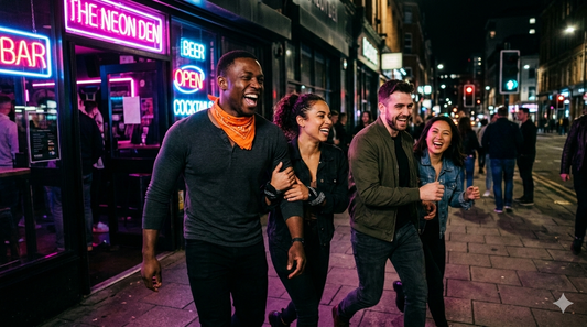 Friends bar hopping at night carrying only Stuffy Fox bandanas with hidden pockets instead of bags or wallets