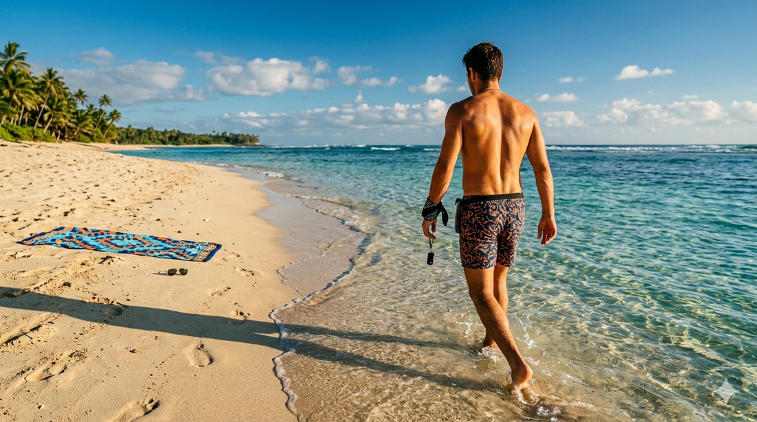 Man walking into the ocean wearing a Stuffy Fox bandana on his wrist to keep valuables safe while swimming