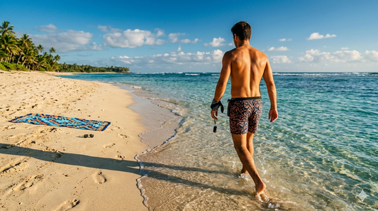 Man walking into the ocean wearing a Stuffy Fox bandana on his wrist to keep valuables safe while swimming