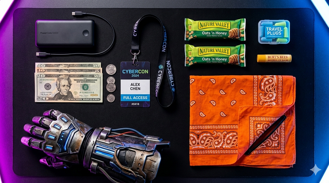 Flat lay of convention essentials including a Stuffy Fox bandana with hidden pocket alongside badge, charger, and cosplay gear