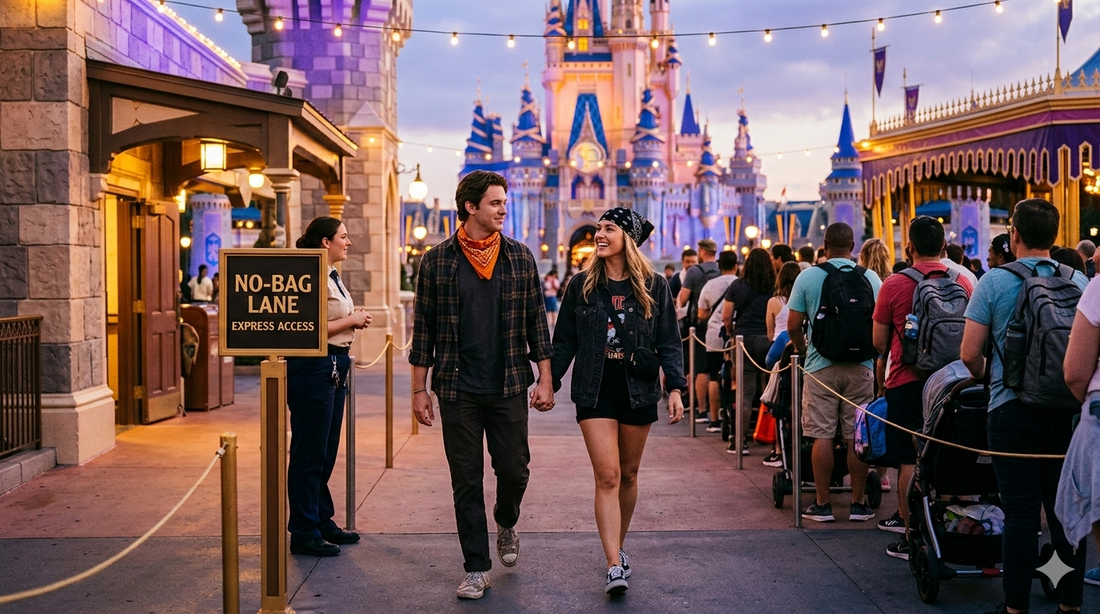 Couple bypassing the bag-check line at a theme park entrance wearing Stuffy Fox bandanas for hands-free carry