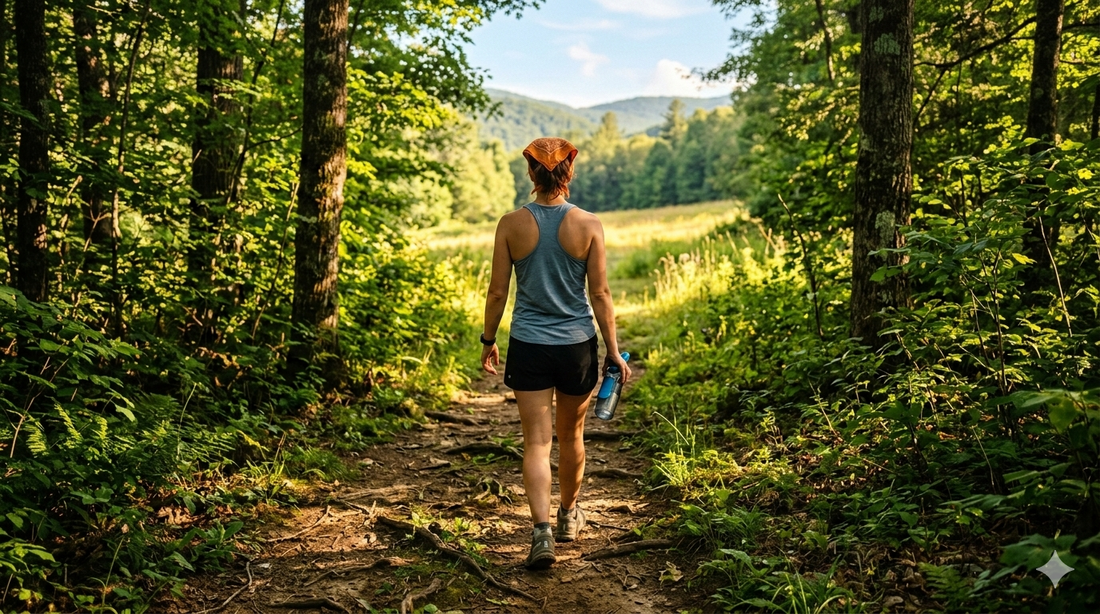 Hiker on a short trail carrying only a water bottle and wearing a Stuffy Fox bandana instead of a backpack