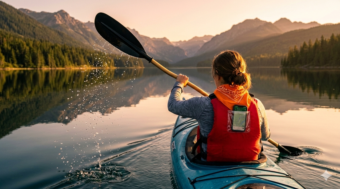 Kayaker keeping phone and keys safe in a Stuffy Fox bandana hidden pocket while paddling at golden hour
