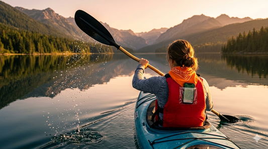 Kayaker keeping phone and keys safe in a Stuffy Fox bandana hidden pocket while paddling at golden hour