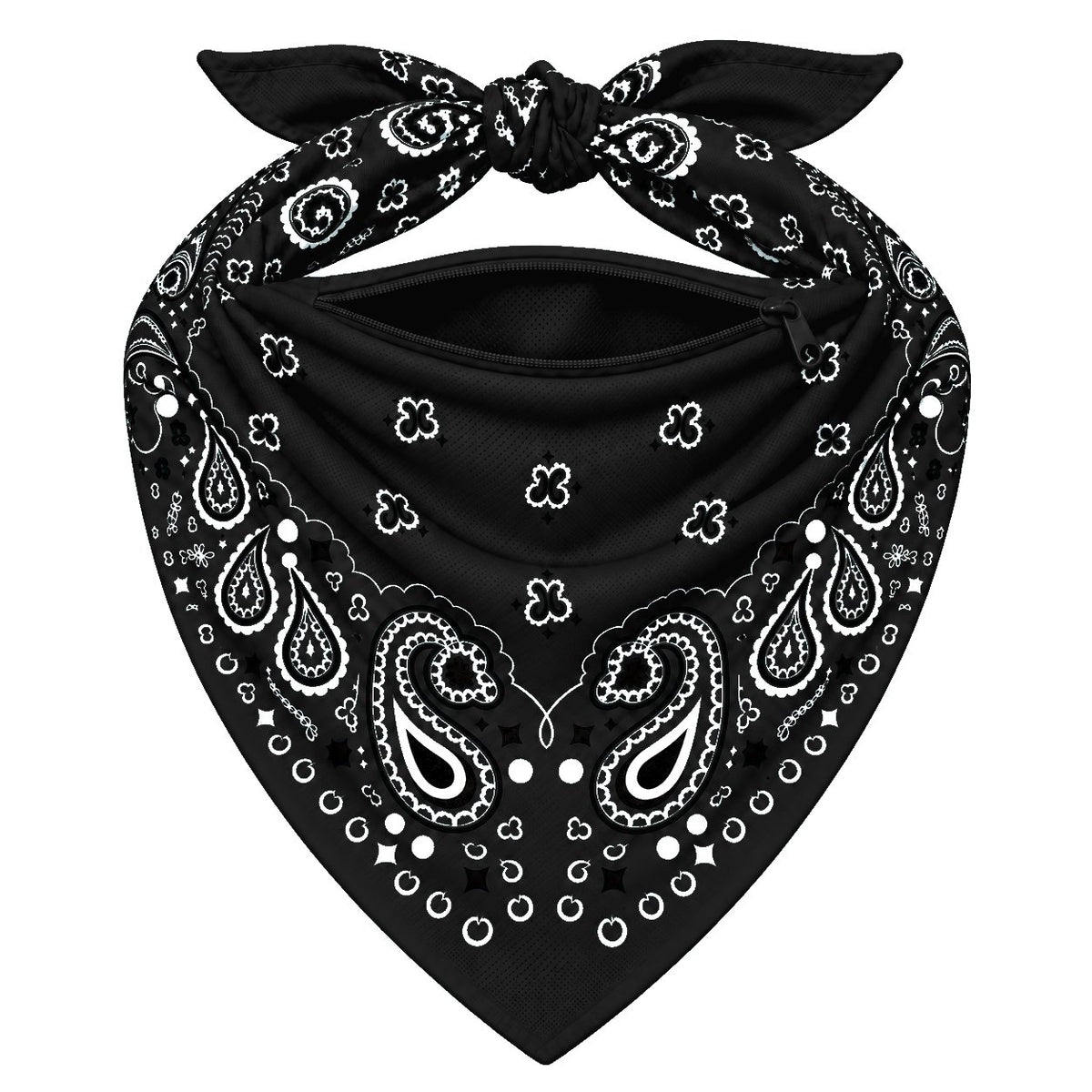 Black Stash Bandana pocket unzipped, showing the inside of the concealed pocket