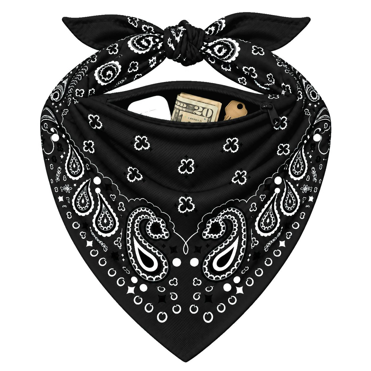 Black Stash Bandana pocket stuffed with cash and cards to show capacity