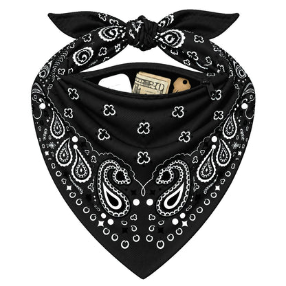 Black Stash Bandana pocket stuffed with cash and cards to show capacity