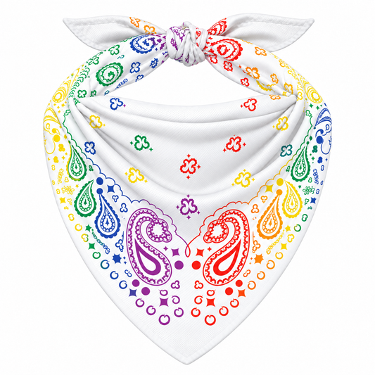 White Rainbow Stash Bandana pocket zipped closed, seam blending into the paisley print