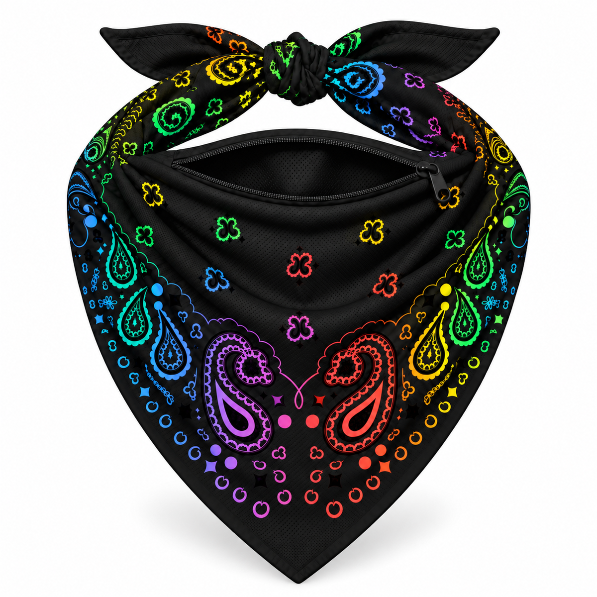 Black Rainbow Stash Bandana pocket unzipped, showing the inside of the concealed pocket