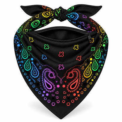 Black Rainbow Stash Bandana pocket unzipped, showing the inside of the concealed pocket
