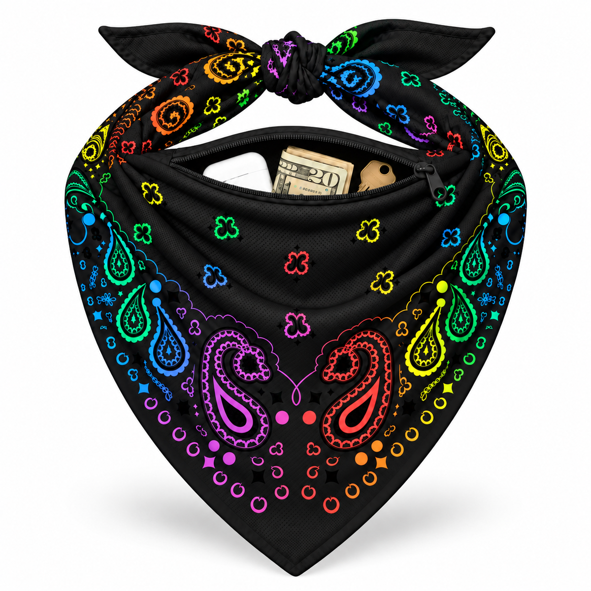 Black Rainbow Stash Bandana pocket stuffed with cash and cards to show capacity