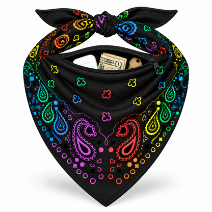 Black Rainbow Stash Bandana pocket stuffed with cash and cards to show capacity