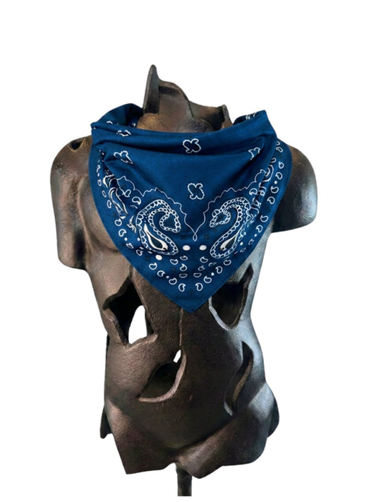 Blue Stash Bandana worn as a neck bandana, pre-sewn triangle with concealed zipper pocket