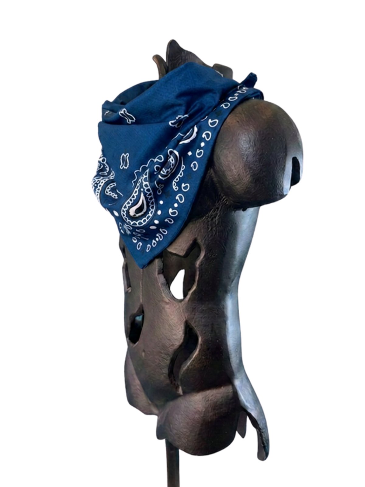 Angled view of the Blue Stash Bandana showing the paisley pattern and concealed zipper pocket