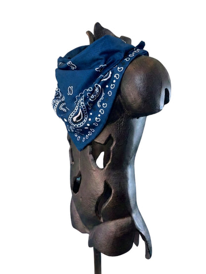 Angled view of the Blue Stash Bandana showing the paisley pattern and concealed zipper pocket