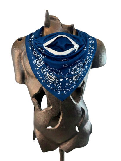 Blue Stash Bandana worn with the front pocket opening visible