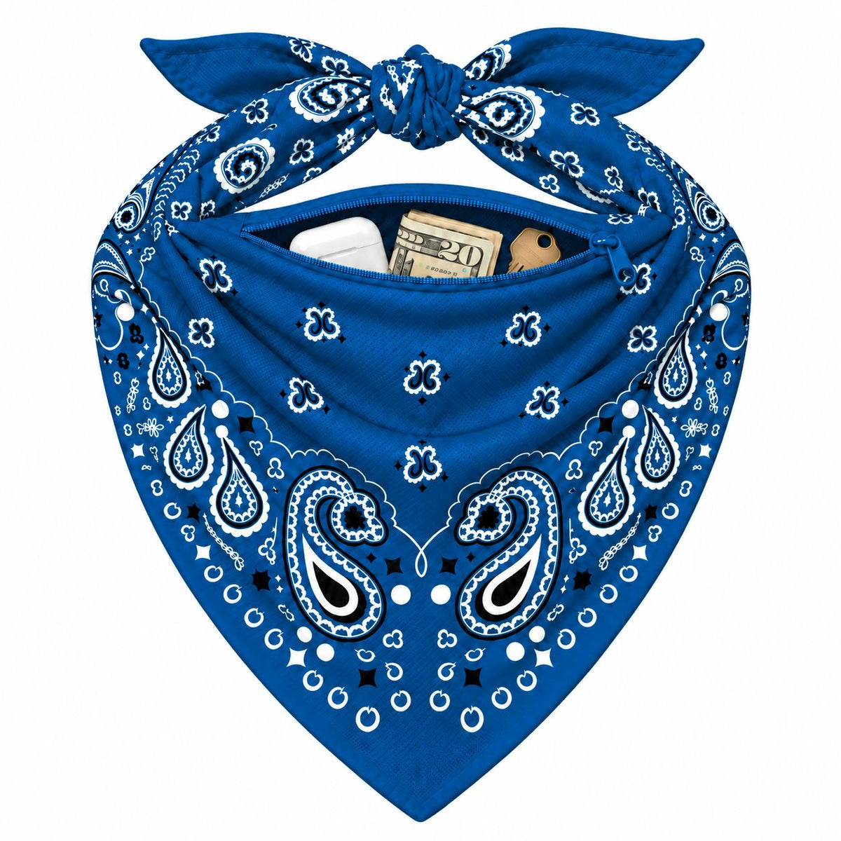 Blue Stash Bandana pocket stuffed with cash and cards to show capacity