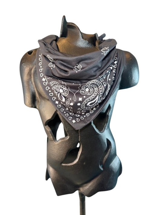Charcoal Stash Bandana worn as a neck bandana, pre-sewn triangle with concealed zipper pocket