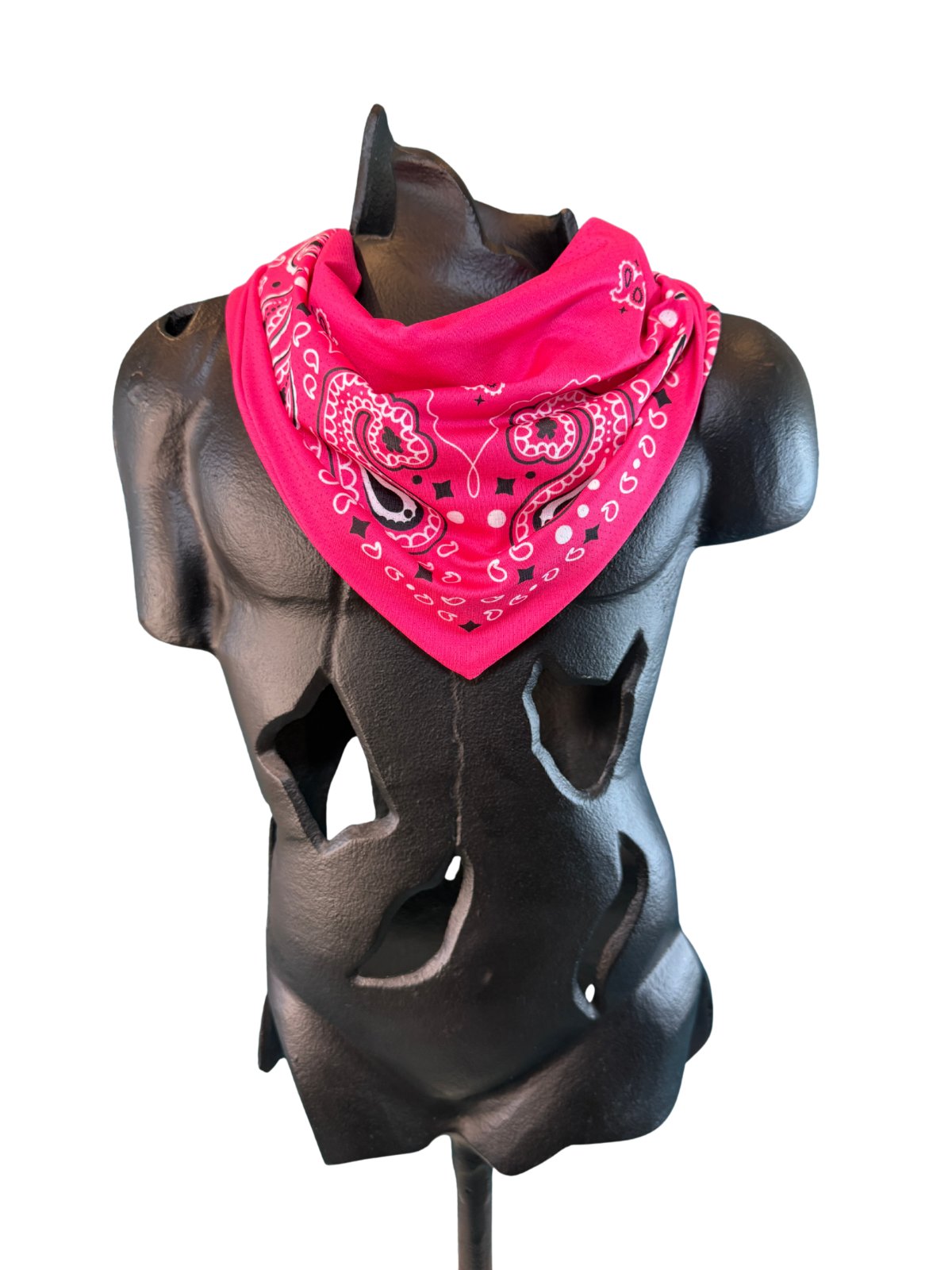 Fuchsia Stash Bandana worn as a neck bandana, pre-sewn triangle with concealed zipper pocket