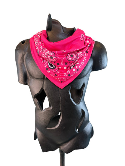 Fuchsia Stash Bandana worn as a neck bandana, pre-sewn triangle with concealed zipper pocket