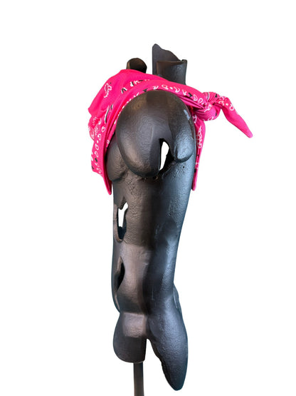 Side view of the Fuchsia Stash Bandana worn on a model