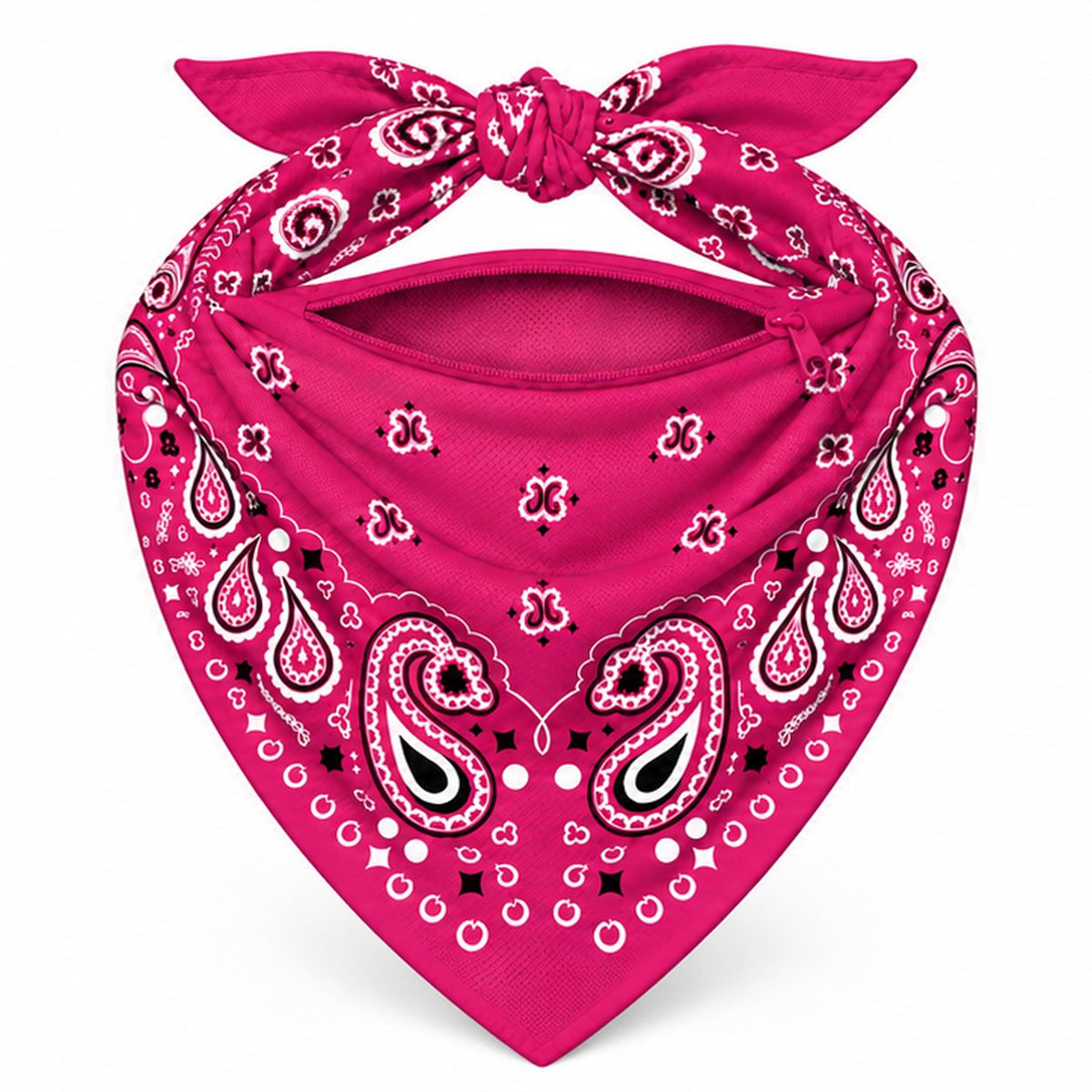 Fuchsia Stash Bandana pocket unzipped, showing the inside of the concealed pocket