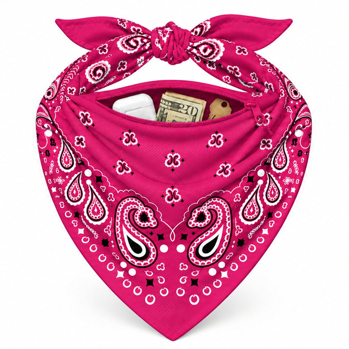 Fuchsia Stash Bandana pocket stuffed with cash and cards to show capacity