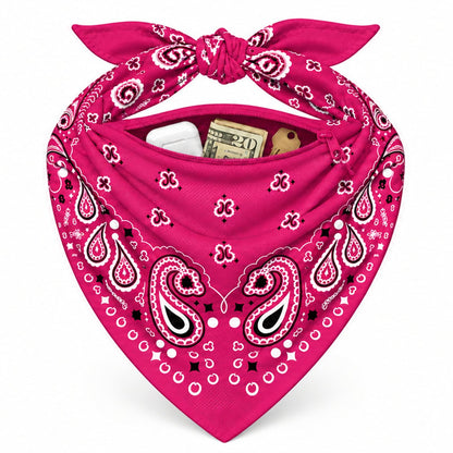 Fuchsia Stash Bandana pocket stuffed with cash and cards to show capacity