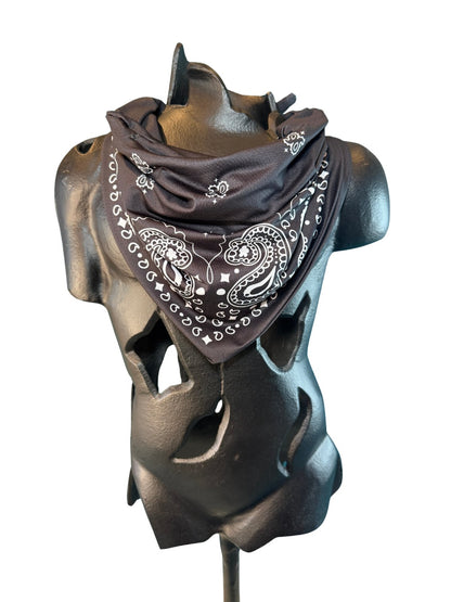 Black Stash Bandana worn as a neck bandana, pre-sewn triangle with concealed zipper pocket
