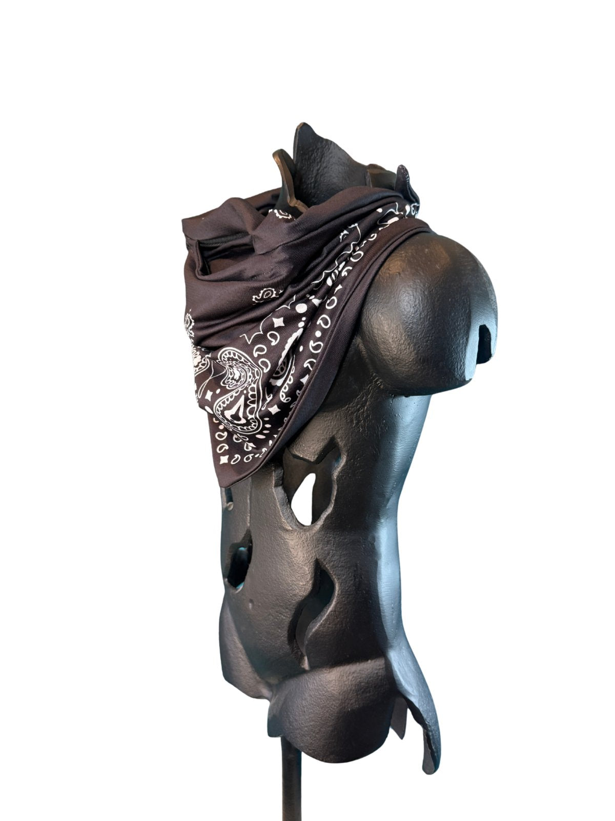 Angled view of the Black Stash Bandana showing the paisley pattern and concealed zipper pocket