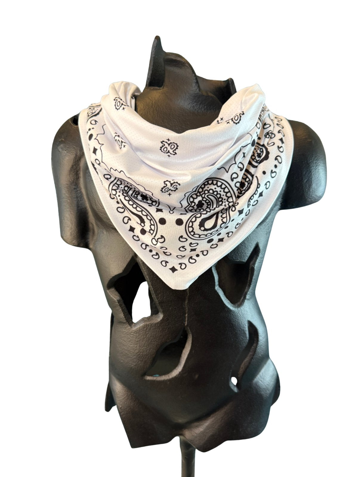 White Stash Bandana worn as a neck bandana, pre-sewn triangle with concealed zipper pocket