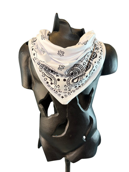 White Stash Bandana worn as a neck bandana, pre-sewn triangle with concealed zipper pocket