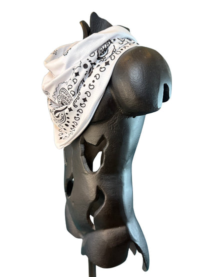 Angled view of the White Stash Bandana showing the paisley pattern and concealed zipper pocket