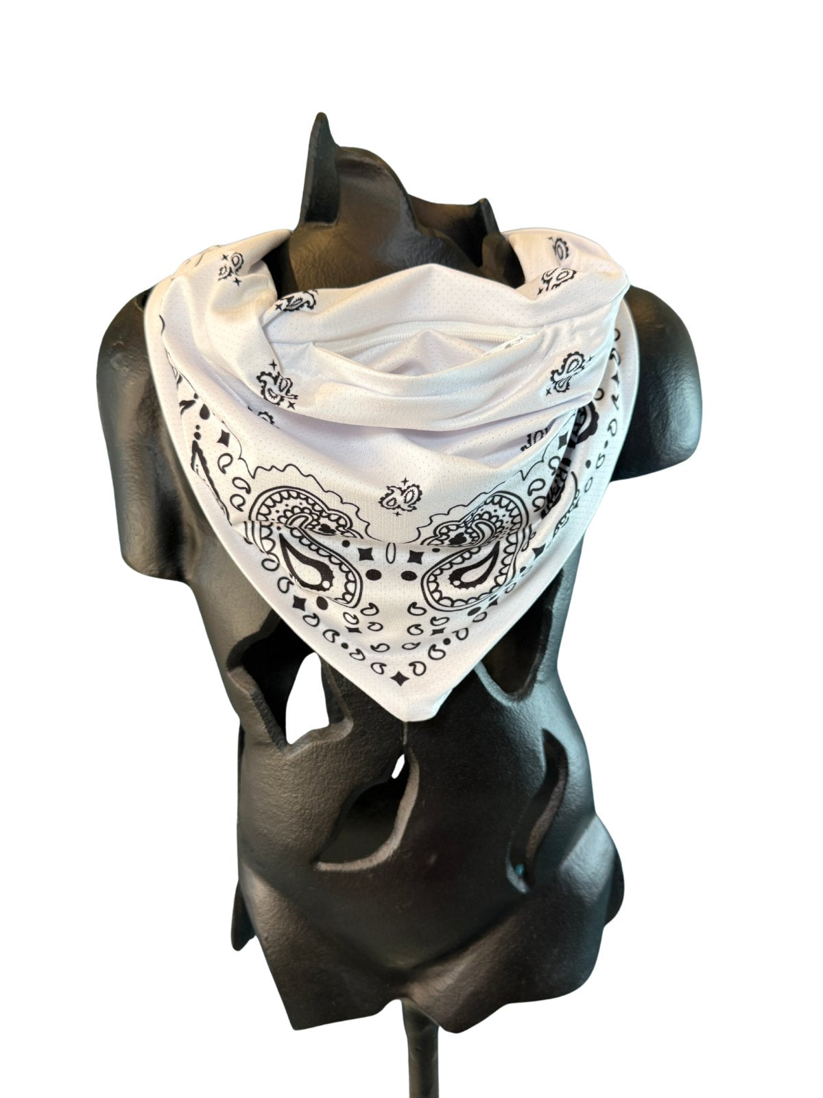 White Stash Bandana worn with the front pocket opening visible