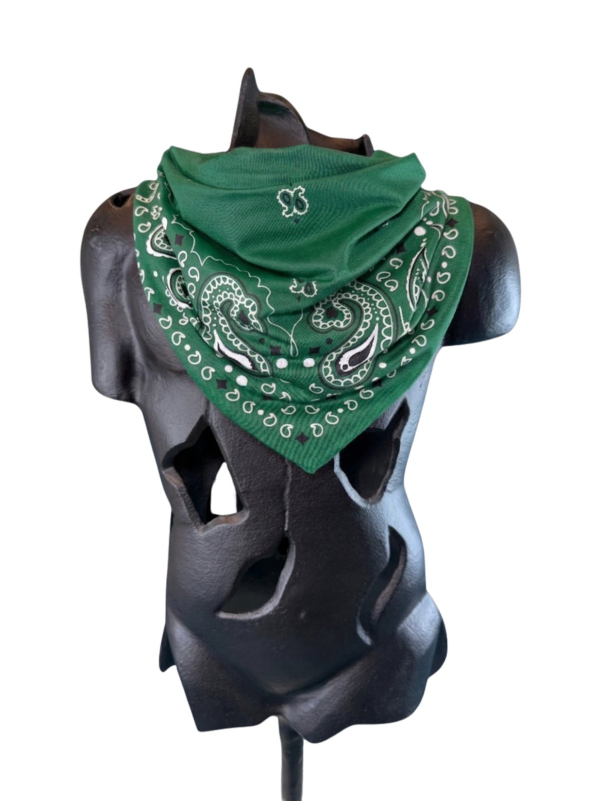 Hunter Green Stash Bandana worn as a neck bandana, pre-sewn triangle with concealed zipper pocket