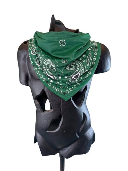 Hunter Green Stash Bandana worn as a neck bandana, pre-sewn triangle with concealed zipper pocket