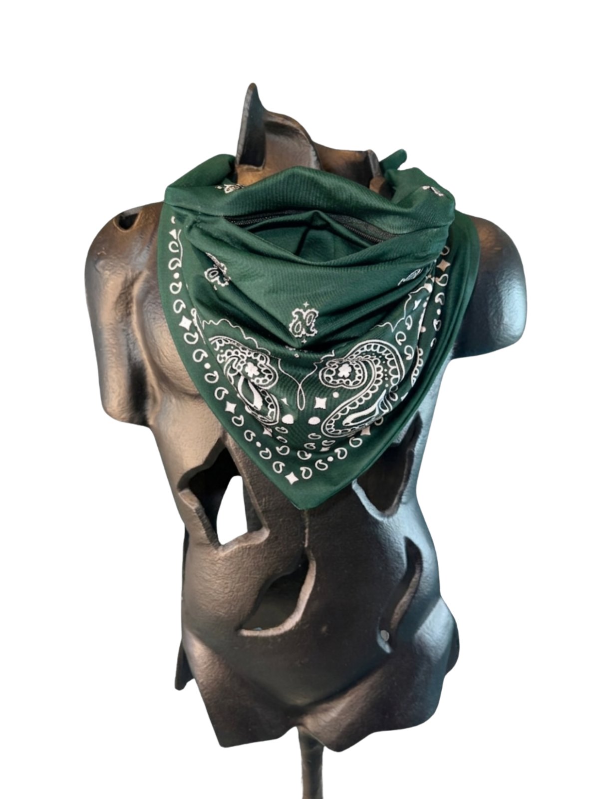 Hunter Green Stash Bandana worn with the front pocket opening visible