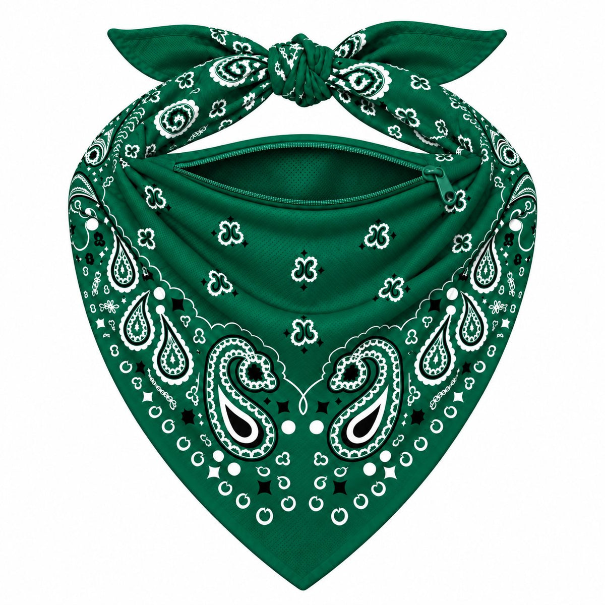 Hunter Green Stash Bandana pocket unzipped, showing the inside of the concealed pocket