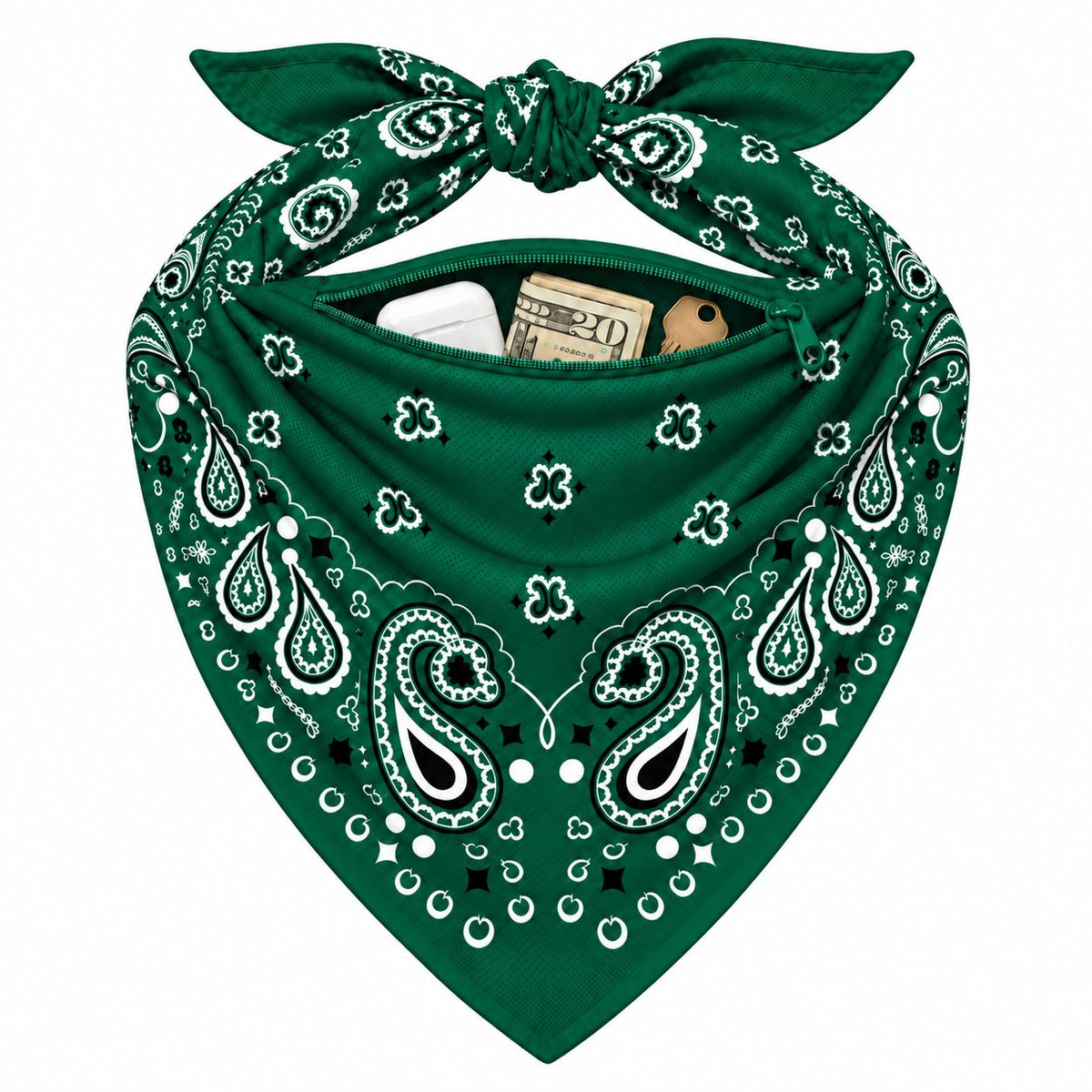 Hunter Green Stash Bandana pocket stuffed with cash and cards to show capacity