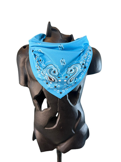 Light Blue Stash Bandana worn as a neck bandana, pre-sewn triangle with concealed zipper pocket
