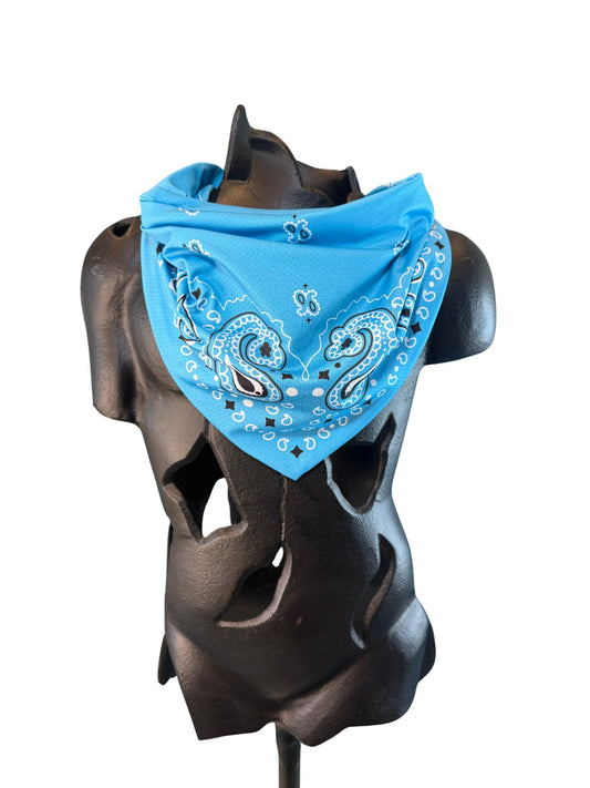 Light Blue Stash Bandana worn as a neck bandana, pre-sewn triangle with concealed zipper pocket