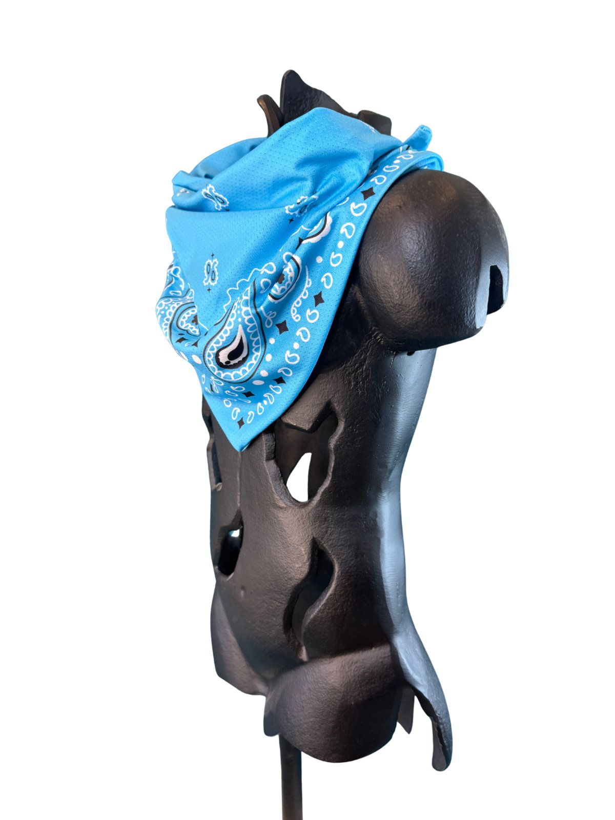 Angled view of the Light Blue Stash Bandana showing the paisley pattern and concealed zipper pocket
