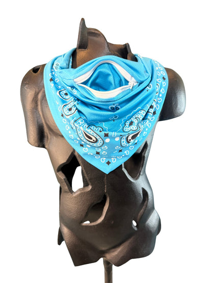 Light Blue Stash Bandana worn with the front pocket opening visible
