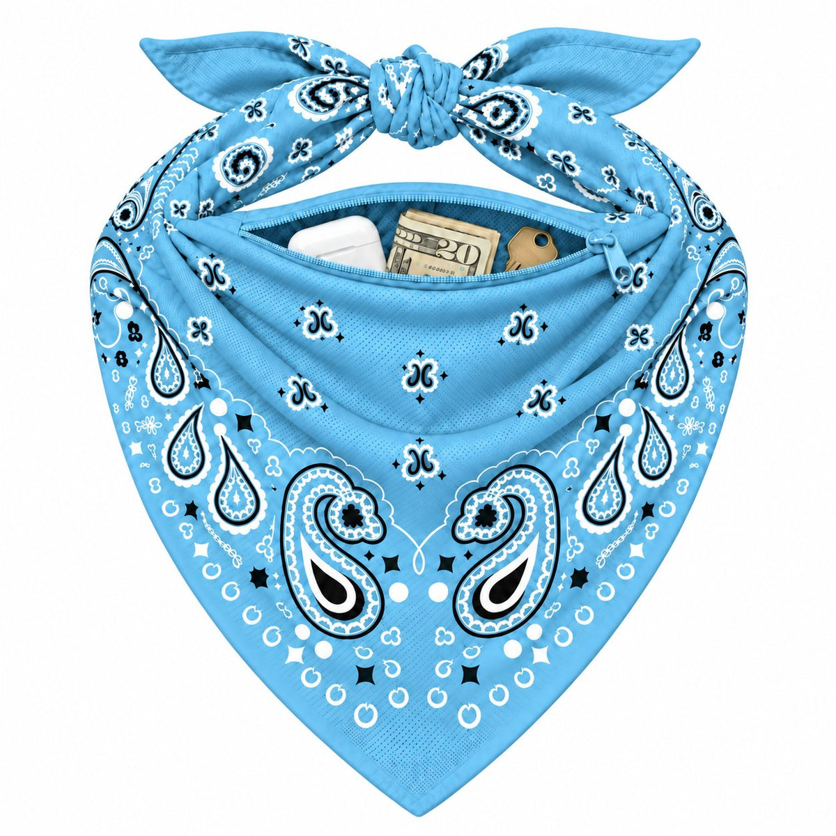 Light Blue Stash Bandana pocket stuffed with cash and cards to show capacity