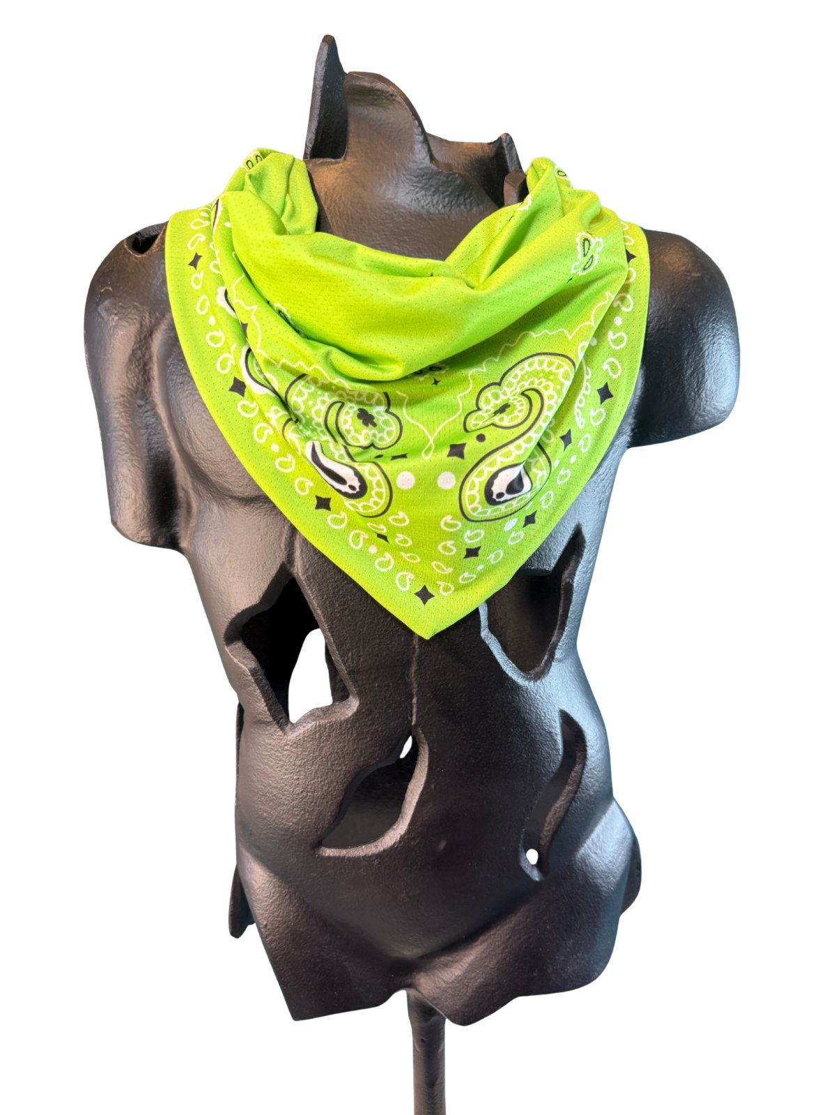 Neon Green Stash Bandana worn as a neck bandana, pre-sewn triangle with concealed zipper pocket