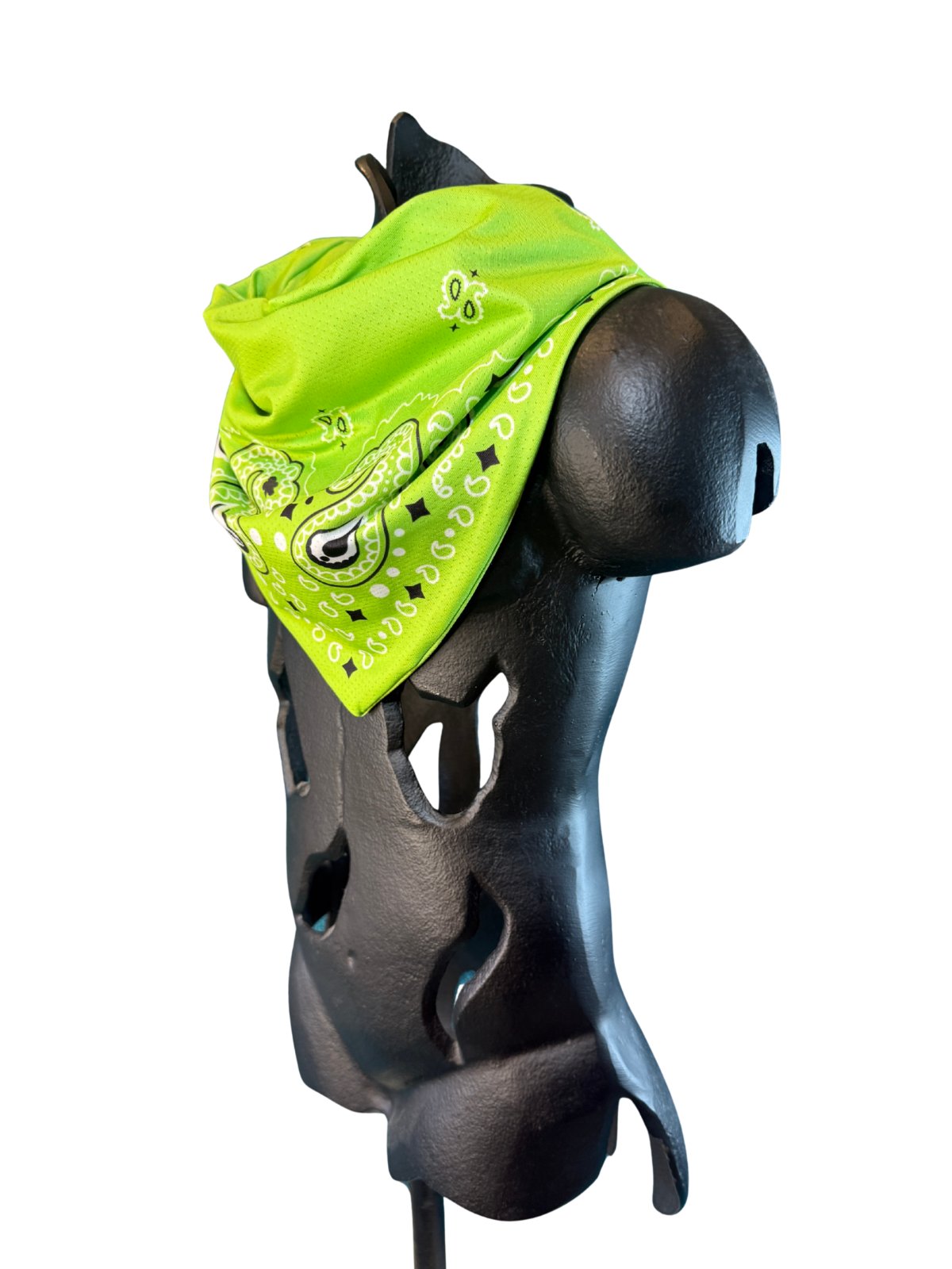 Angled view of the Neon Green Stash Bandana showing the paisley pattern and concealed zipper pocket
