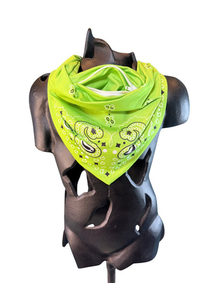 Neon Green Stash Bandana worn with the front pocket opening visible